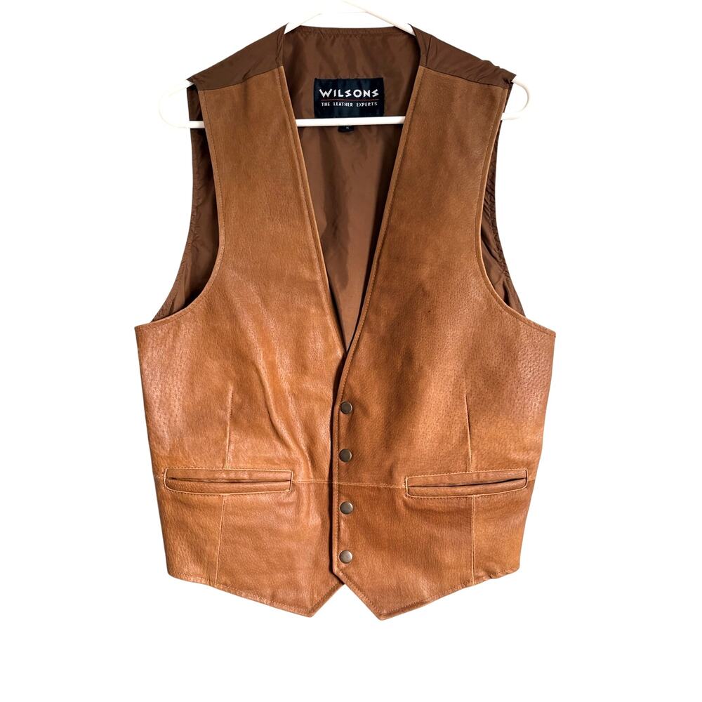 VTG Wilsons Brown Leather Vest Pockets Snaps Medium Cowgirl Indie Sleaze 90s